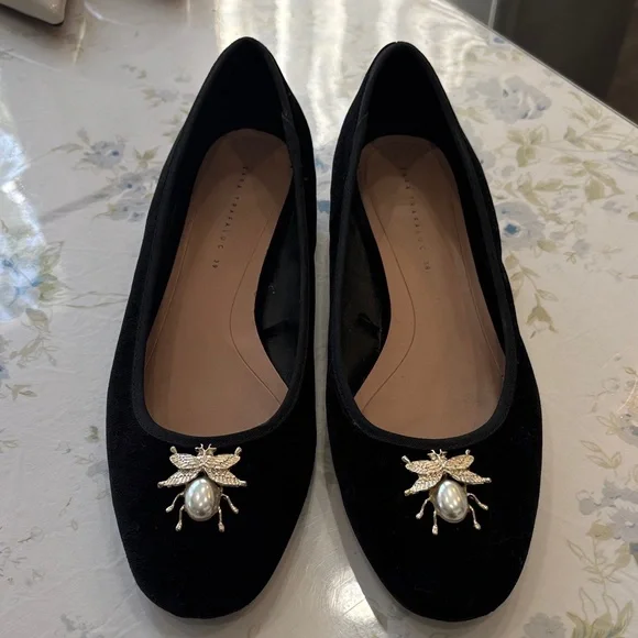 Zara Black Velvet Low Block Heel Flats with Pearl Bee Accent - Picture 2 of 5